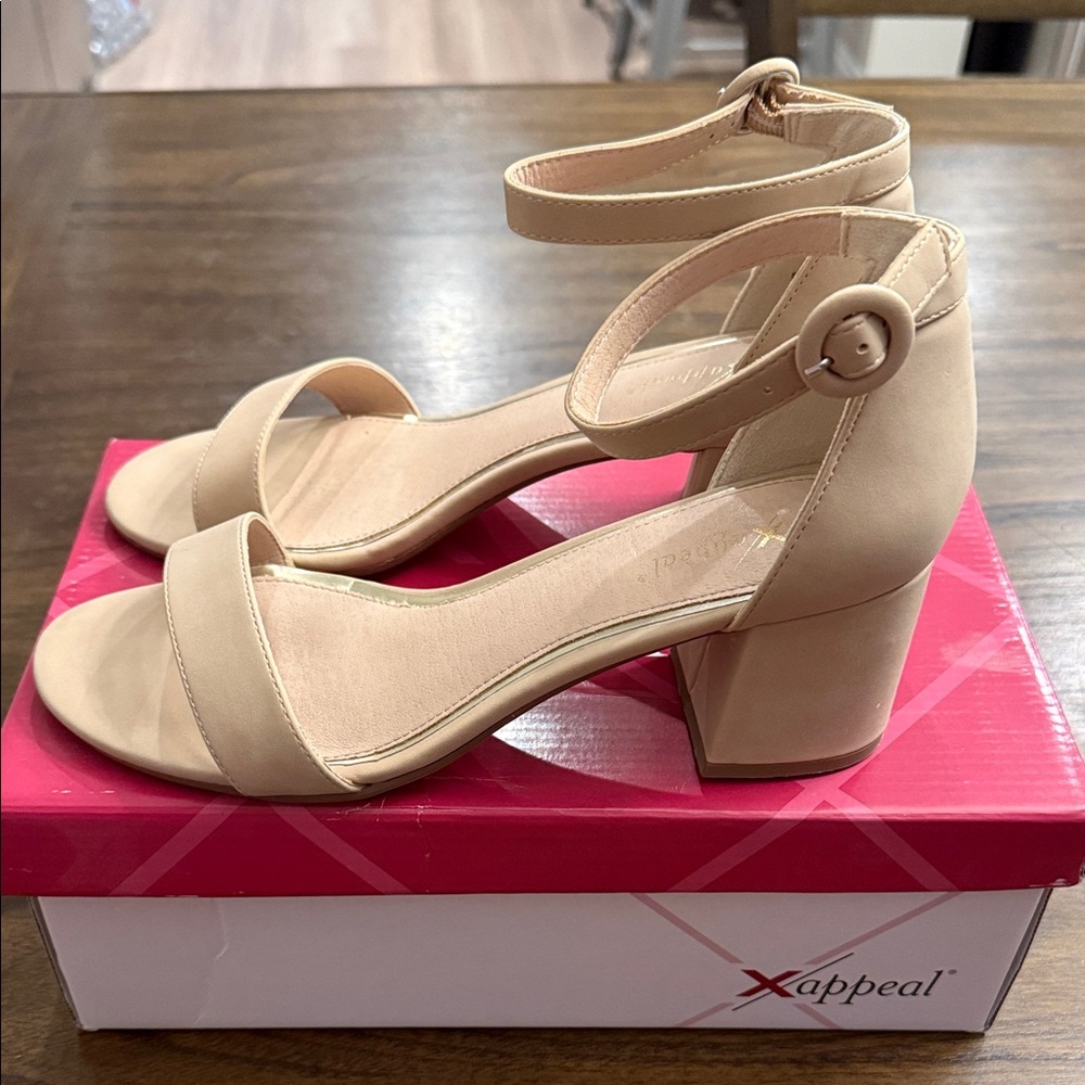 Xappeal Beige Ankle Strap Block Heels